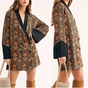 Free People Bali French Romance Boho Print Double Breasted Blazer Mini Dress.